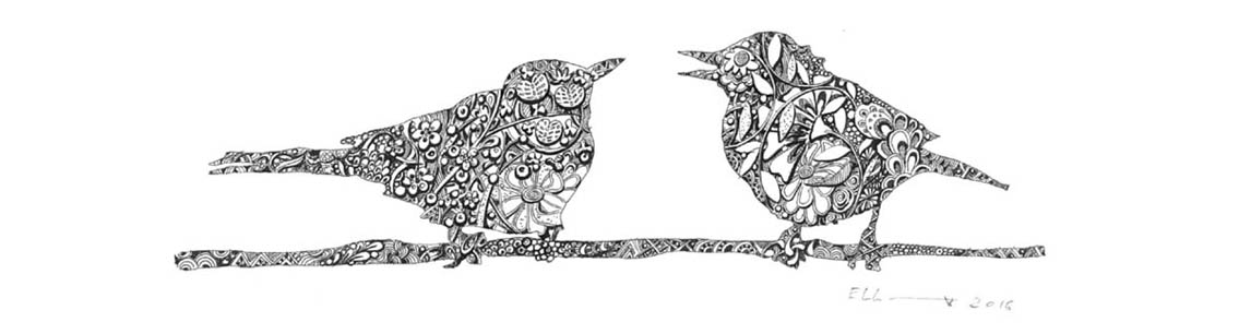 Elmira Herren: Yana and Yaku birds, Mischtechnik auf Papier, 40x29,5cm